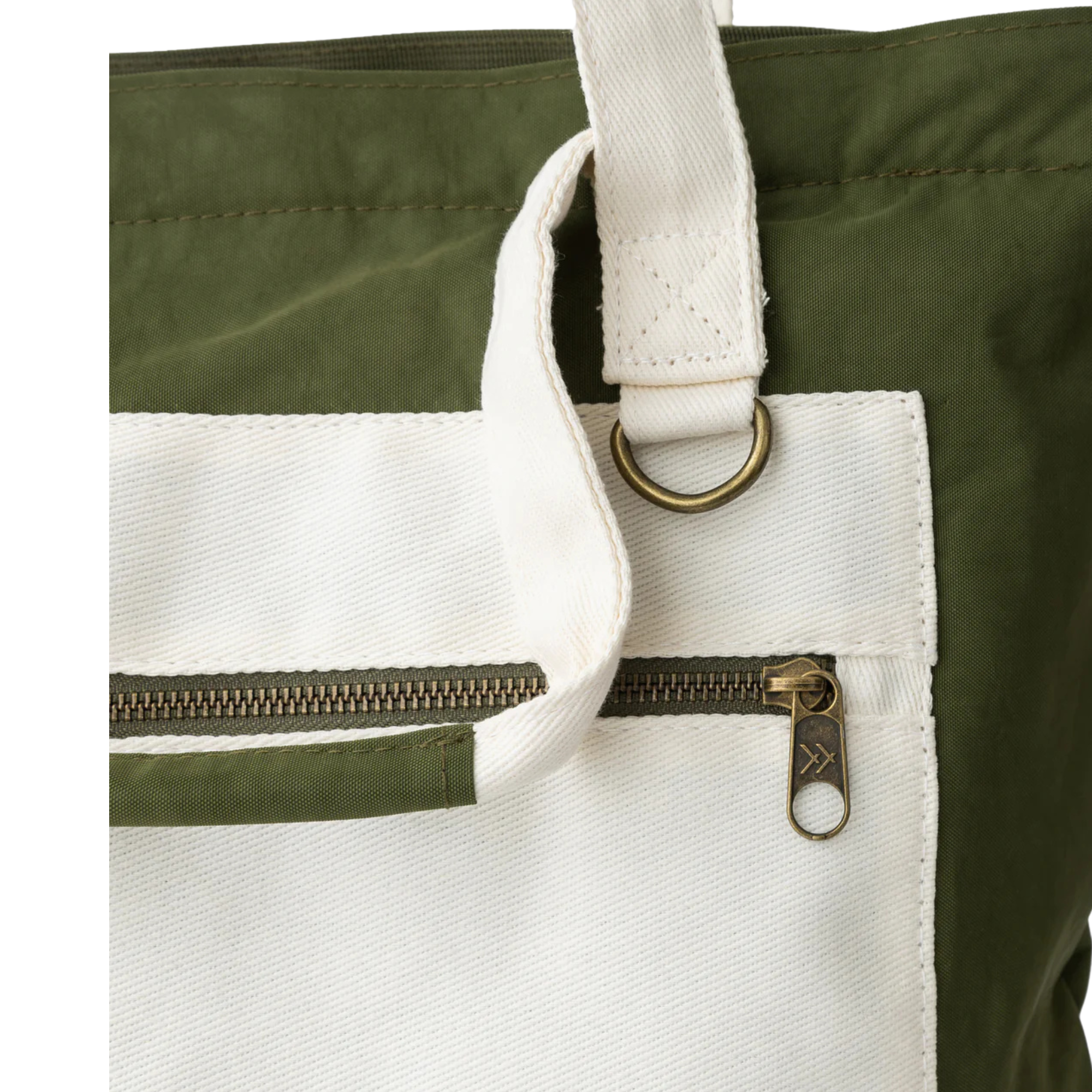 Green thread scout tote bag with a white pocket and strap on a white background