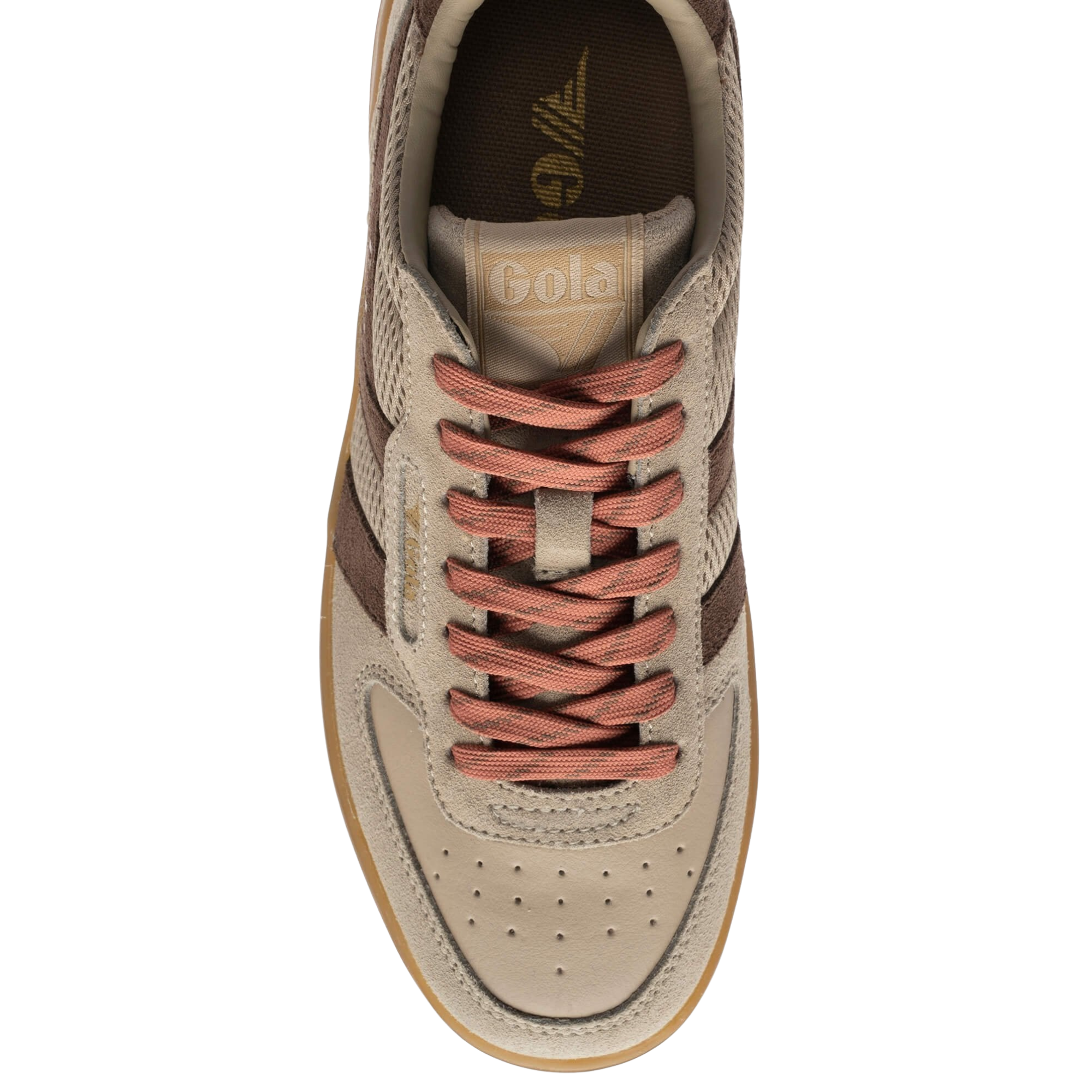 Light tan gola hawk '93 women's sneakers with dark brown stripe, pink laces and gum sole on a white background