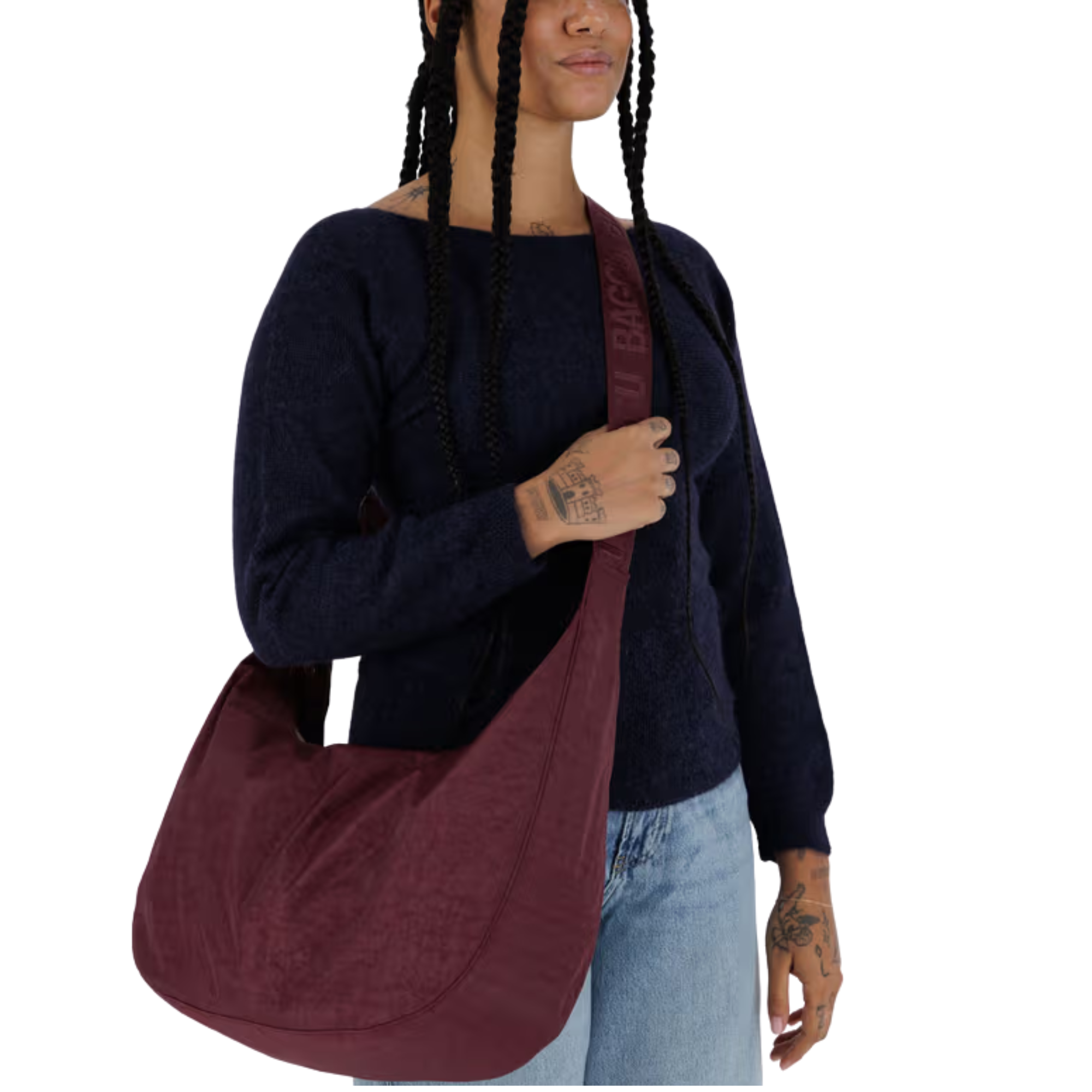 Maroon baggu shoulder bag on a white background