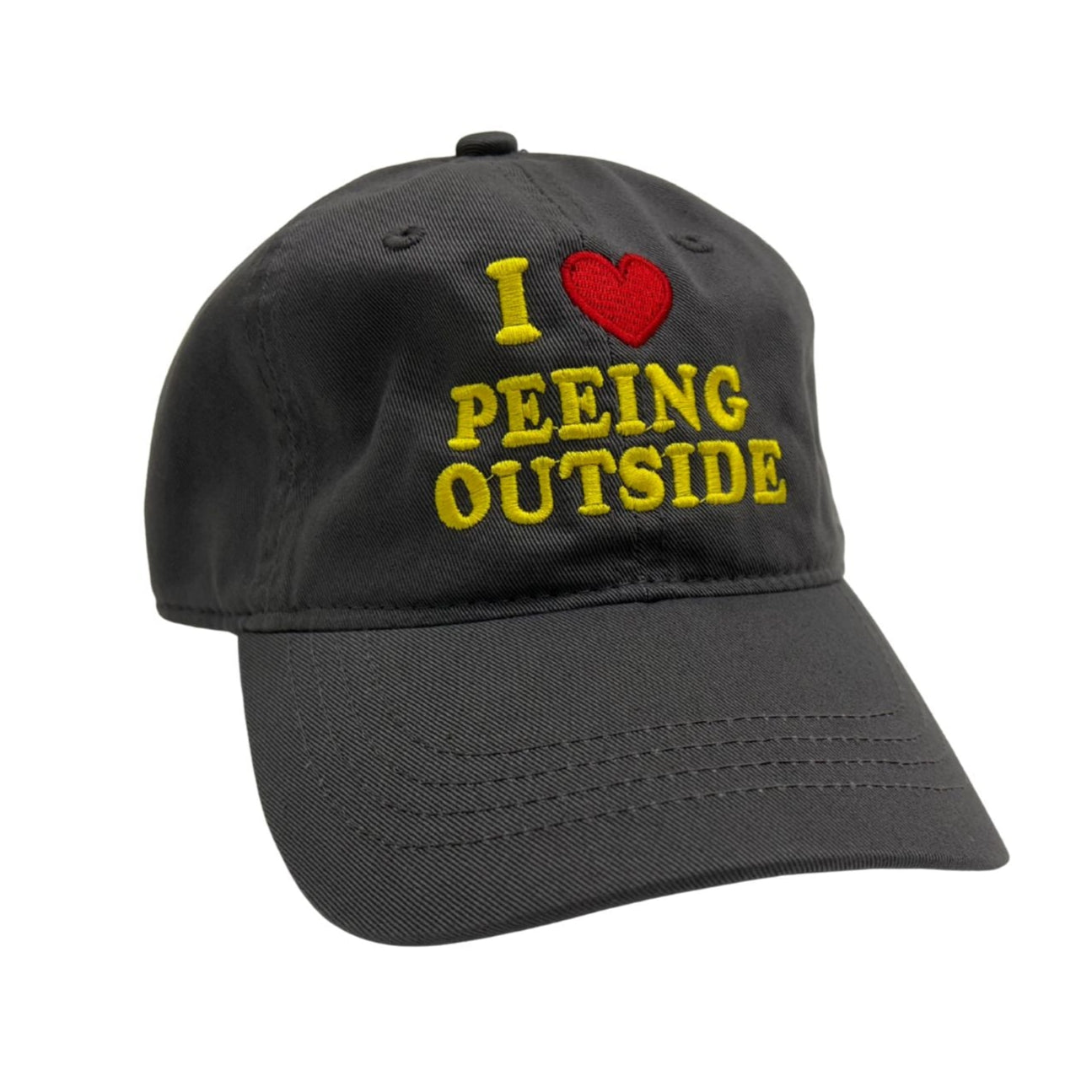 Gray cap with text 'I ❤️ Peeing Outside' on a white background
