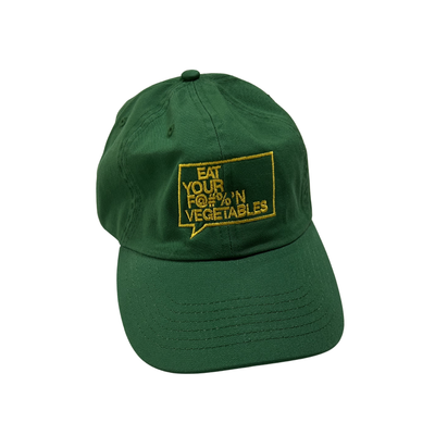 green cap with yellow  eat your f'n vegetables text on a white background