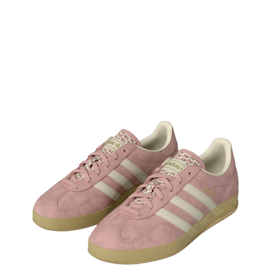 pink adidas women's gazelle indoor shoe with knit tongue and white stripes on a white background