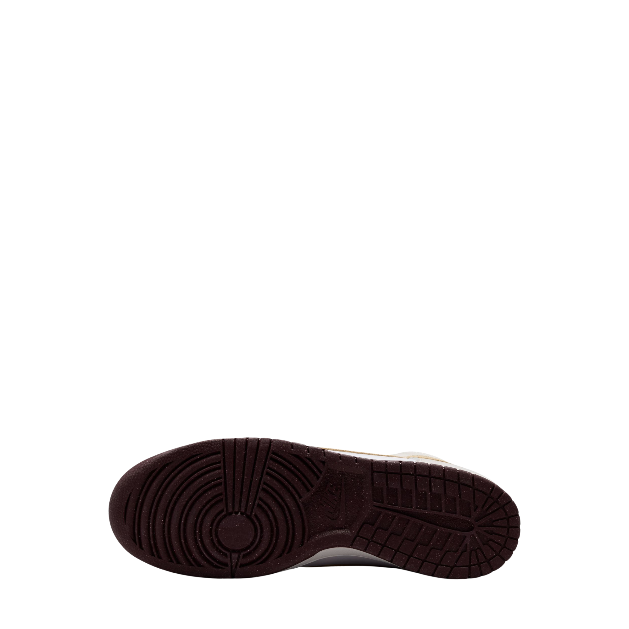 The outsole of a A Nike SB X Beyond Skate Shop  dunk high sneaker shown from a top-down view, featuring a dark brown treaded rubber sole against a plain white background.