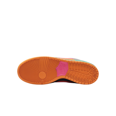 A low-top Nike sb dunk low watermelon sneaker in a vibrant multicolor palette, featuring teal green suede, orange suede overlays, a bright pink Swoosh and laces, and a black and orange sole, shown against a plain white background.