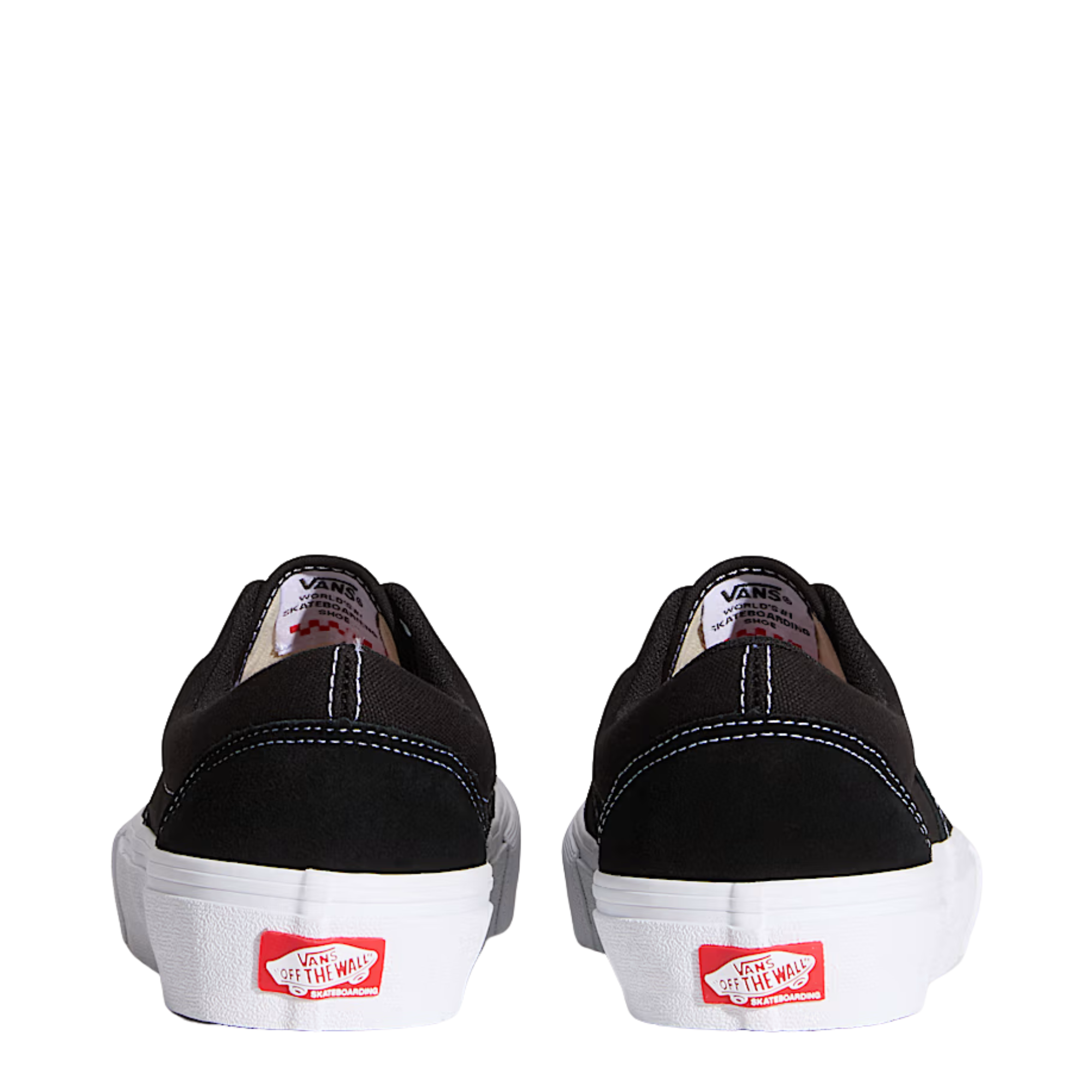 Black and white vans skate era sneaker with white laces on a white background