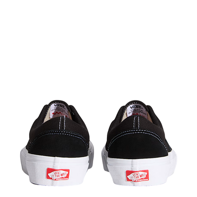 Black and white vans skate era sneaker with white laces on a white background