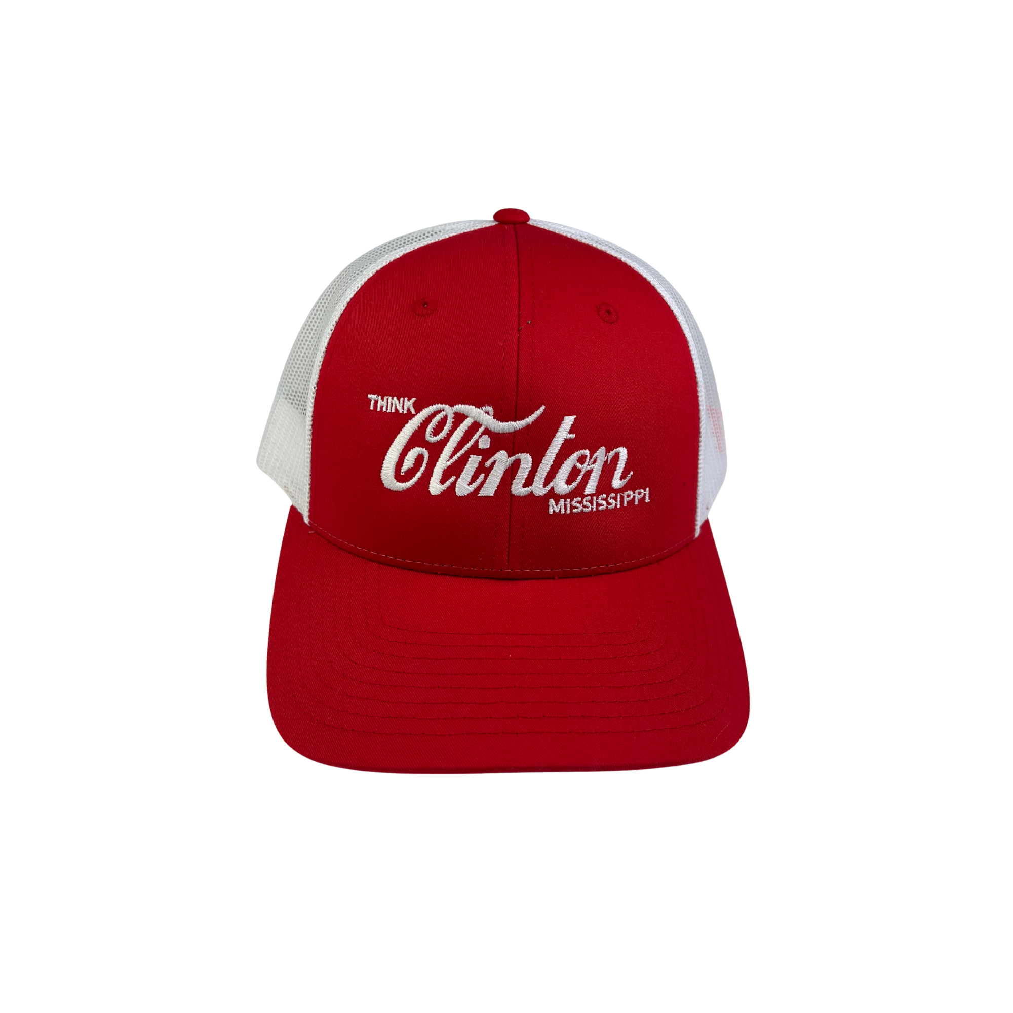 Red and white cap with 'Think Clinton Mississippi' text on a white background