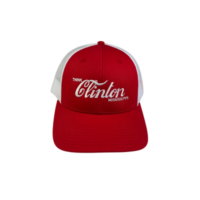 Red and white cap with 'Think Clinton Mississippi' text on a white background