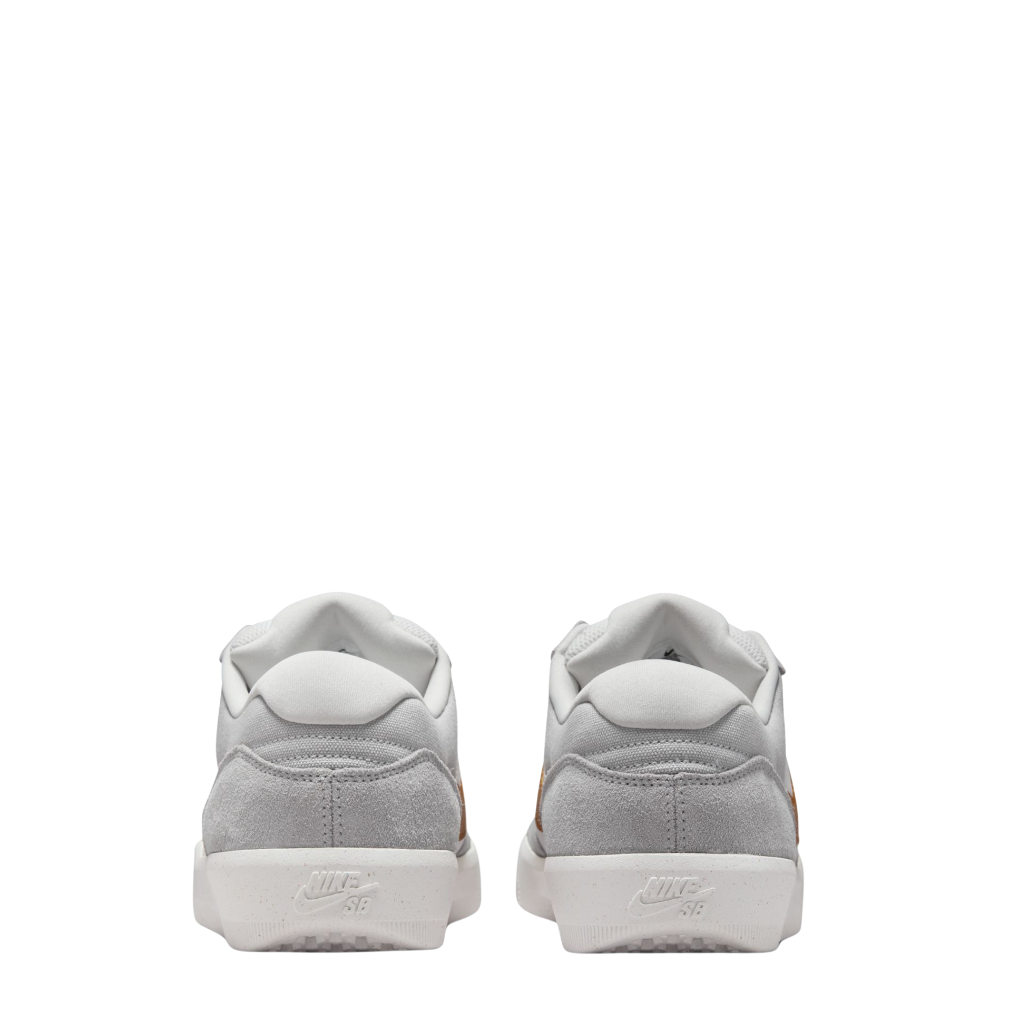 Gray NIKE SB men's force 58 sneaker with orange swoosh logo on a white background