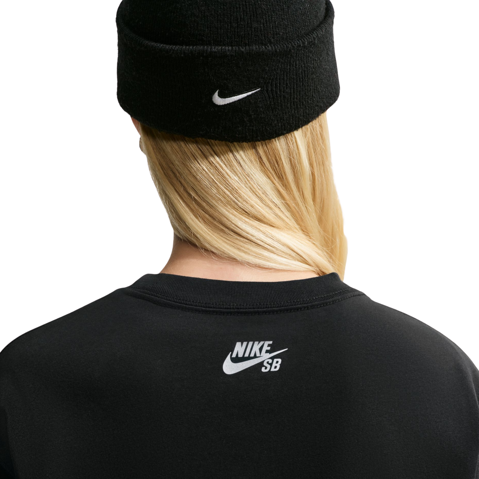 A model wearing a nike sb yuto horigome black t-shirt with 'AIR FORCE 1' printed across the chest in a colorful gradient pattern