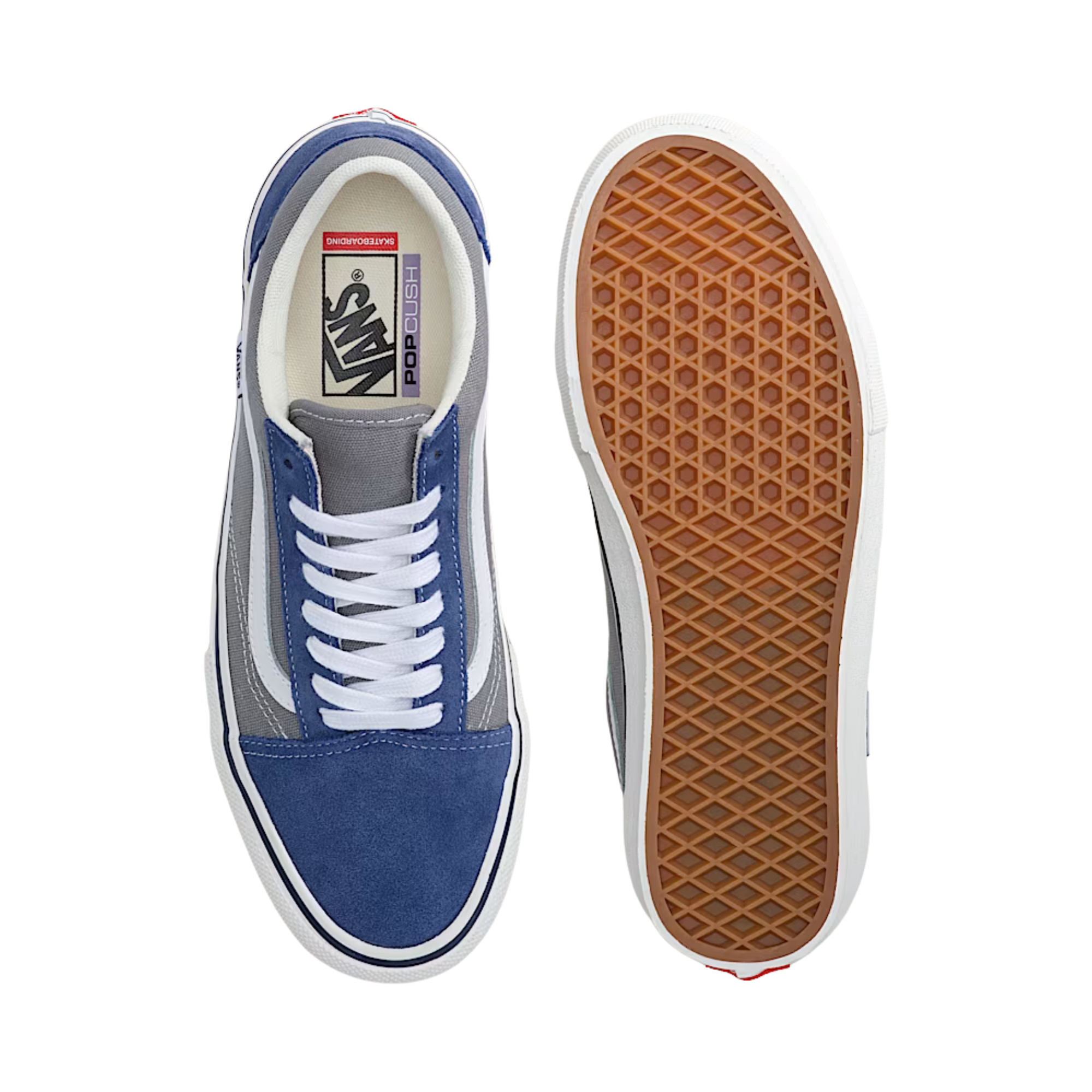 Gray and blue vans skate old skool sneaker with white accents on a white background