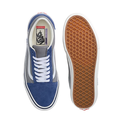 Gray and blue vans skate old skool sneaker with white accents on a white background