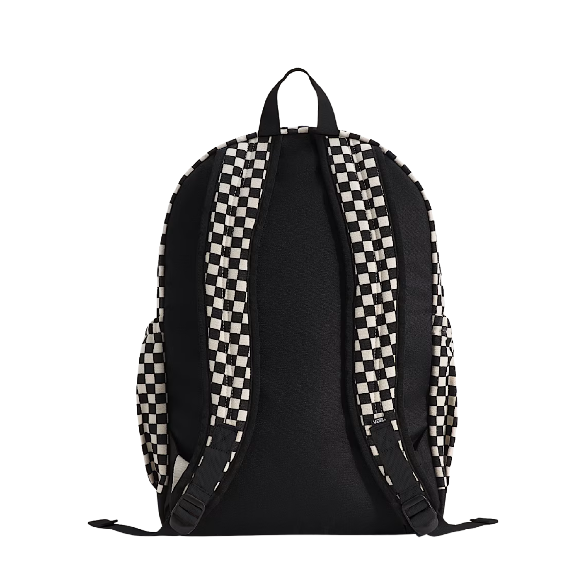 Black and white vans checkered new skool backpack on a white background