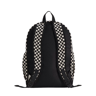 Black and white vans checkered new skool backpack on a white background