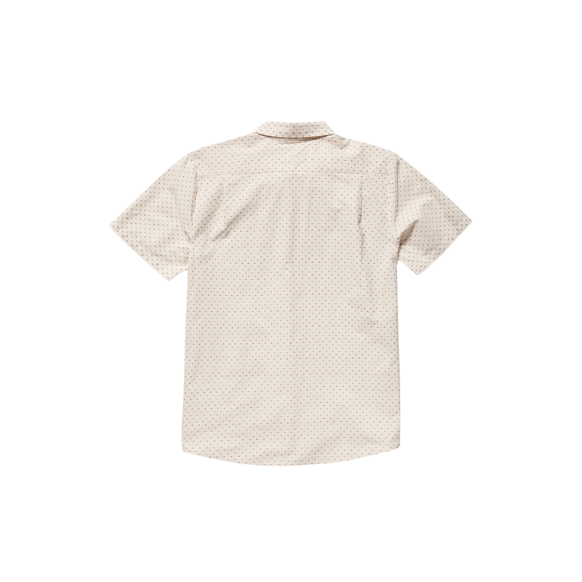 Man wearing a beige patterned volcom bankstone ii shirt on a white background