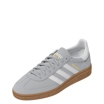 grey adidas handball spezial juniors sneakers with white stripes and gum sole on a white background