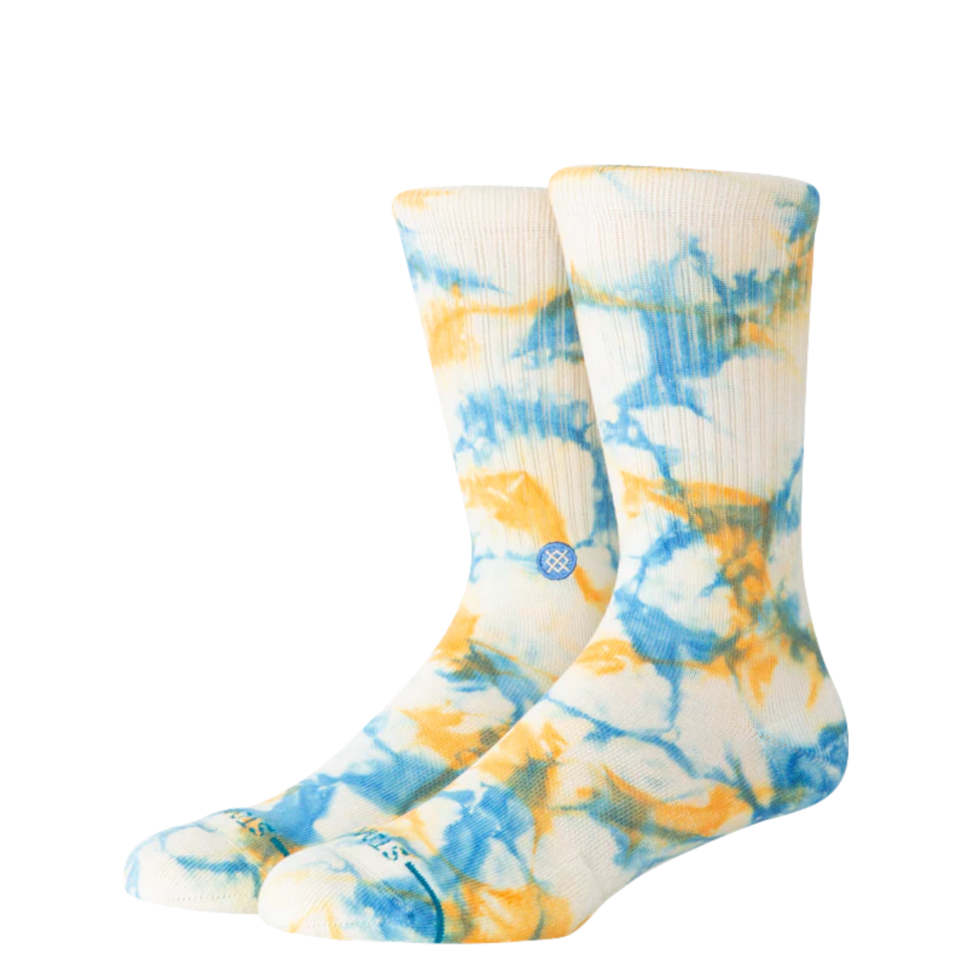 off white stance spotty dye crew socks with blue and orange tie dye pattern on a white background