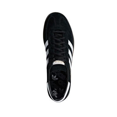 Black Adidas HANDBALL SPEZIAL sneaker with white stripes on a white background