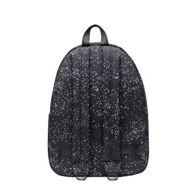 black herschel classic backpack with white blurred dots on a white background