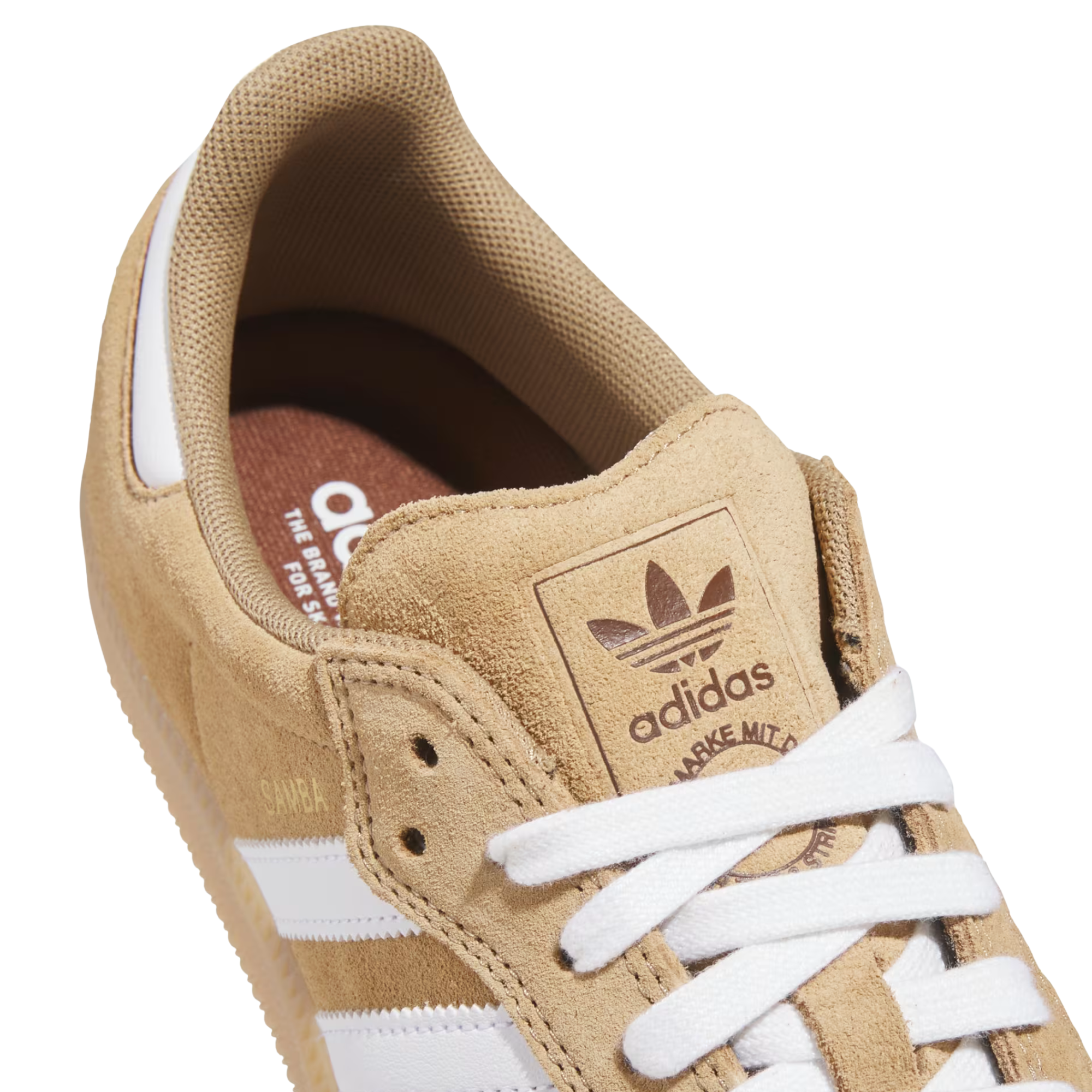 brown adidas samba adv skateboarding shoe with gum sole on a white background
