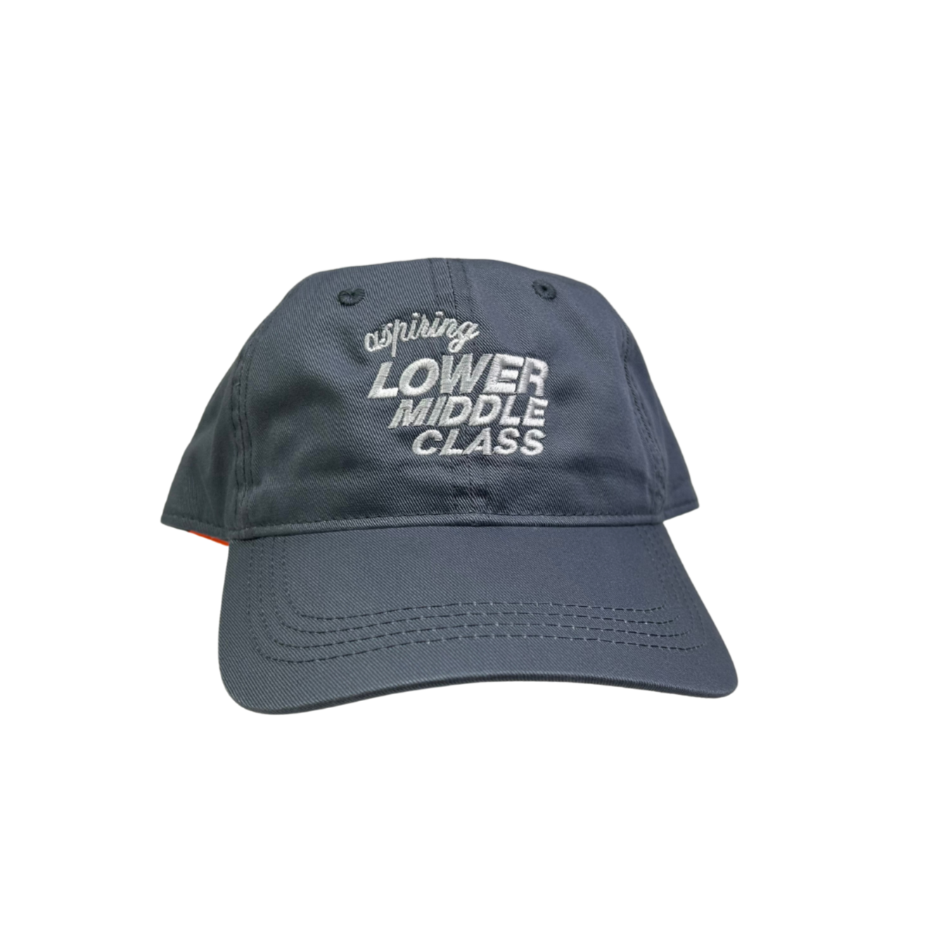 DENIM BLUE cap with white text reading aspiring lower middle class on a white background