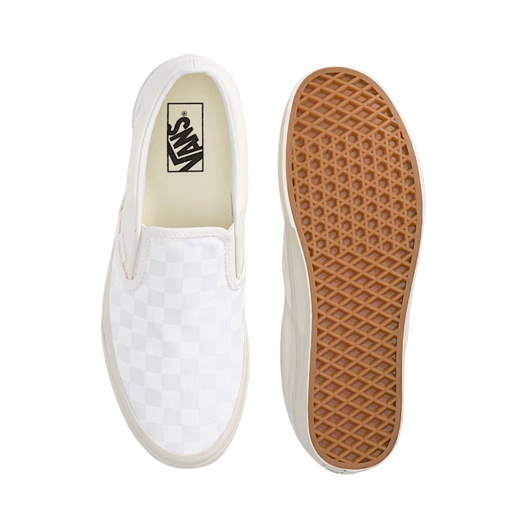 Beige  and white vans checkerboard slip-on sneaker on a white background