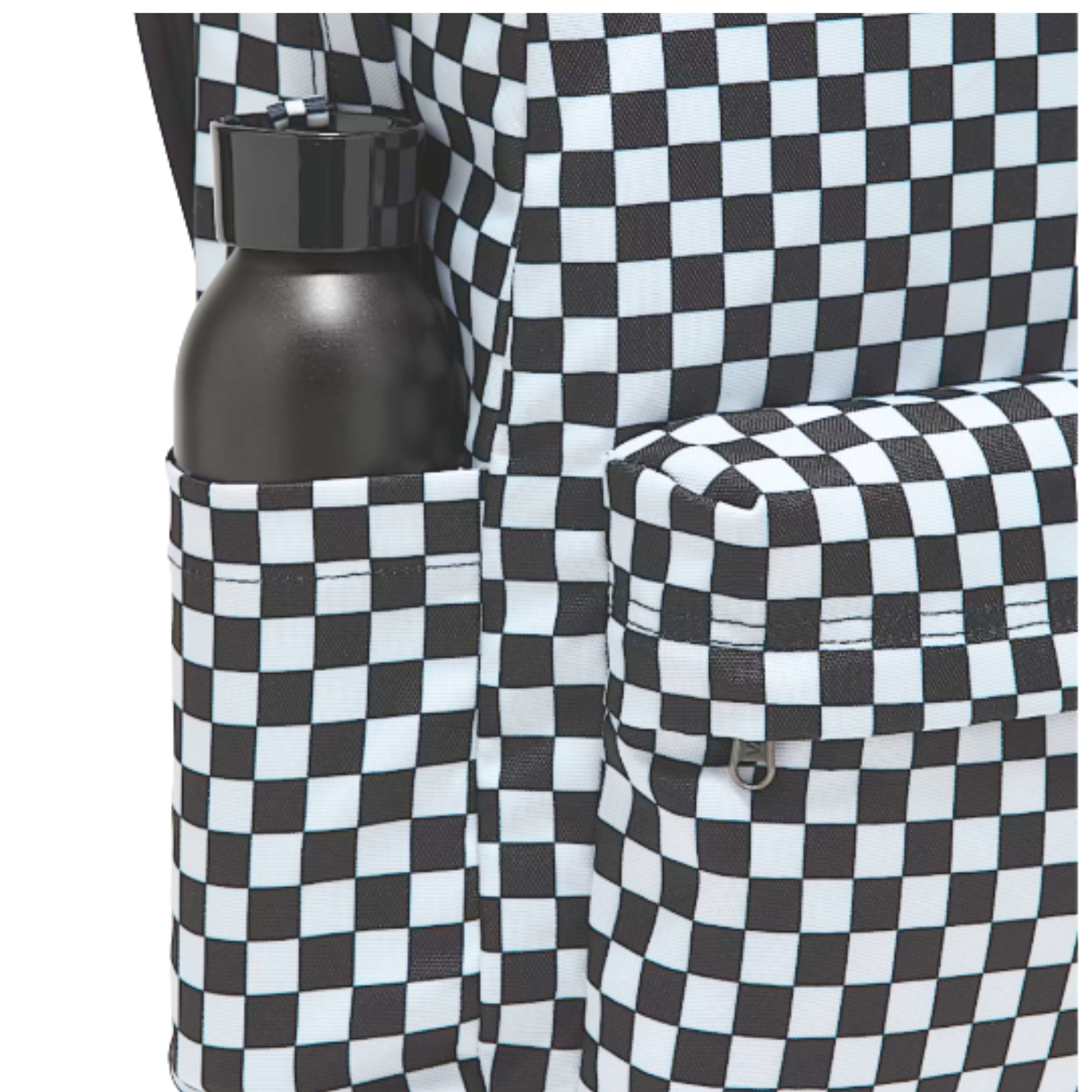 Black and white checkered backpack with Vans logo on a white background