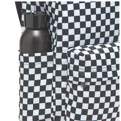 Black and white checkered backpack with Vans logo on a white background