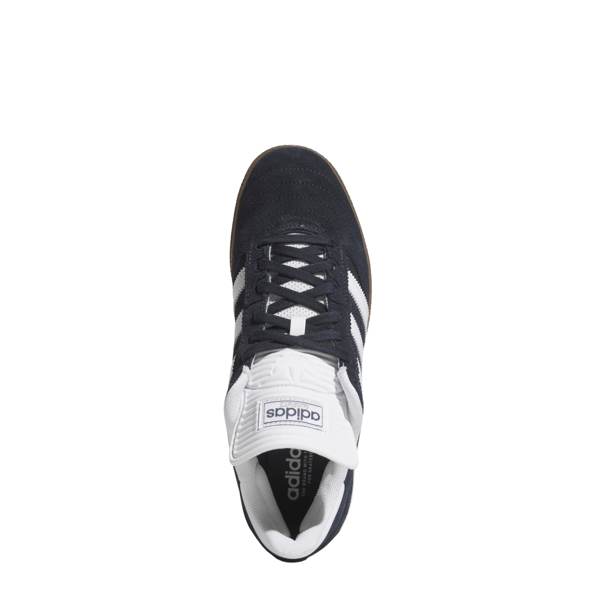 dark grey adidas busenitz skateboarding shoe with white strips and tongue and  gum sole on a white background