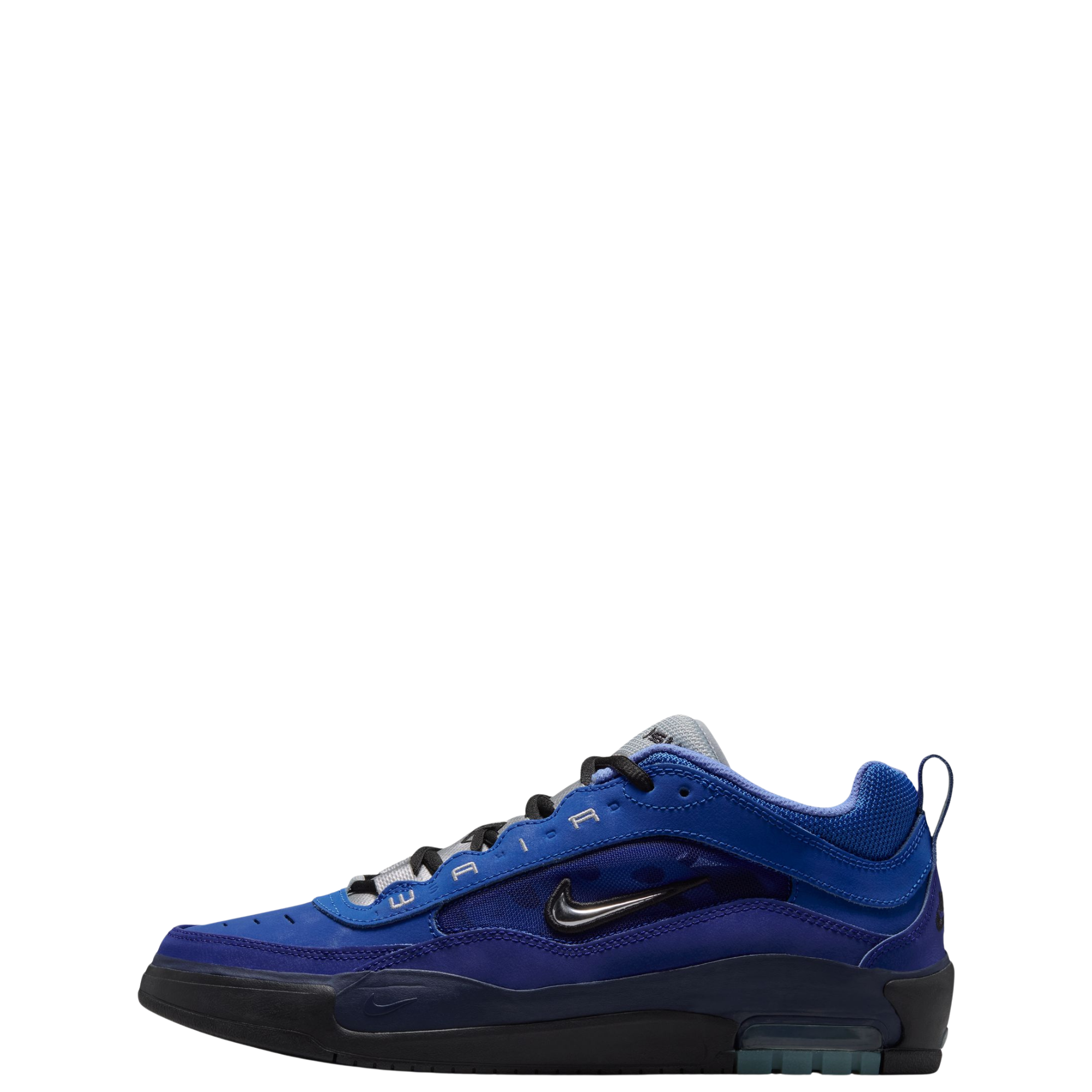 A Nike sb ishod wair Air Max sneaker in a vibrant royal blue colorway, featuring a black Swoosh logo, black laces, and a black midsole, shown from a side profile on a white background.
