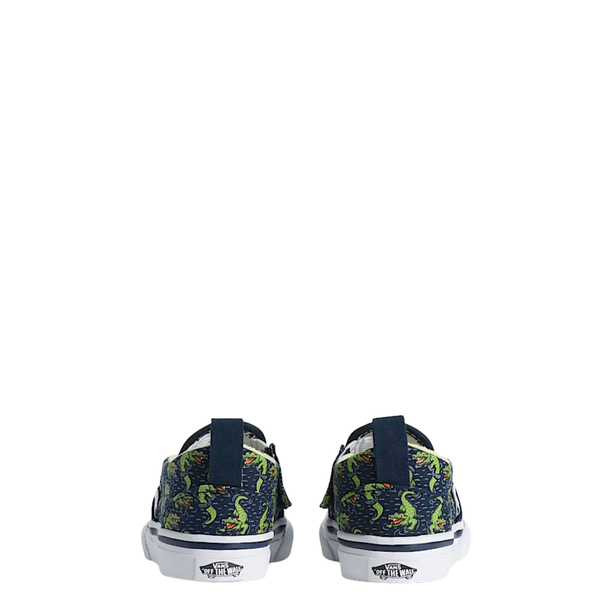 navy vans toddler slip-on with glow-in-the-dark crocodile pattern on a white background