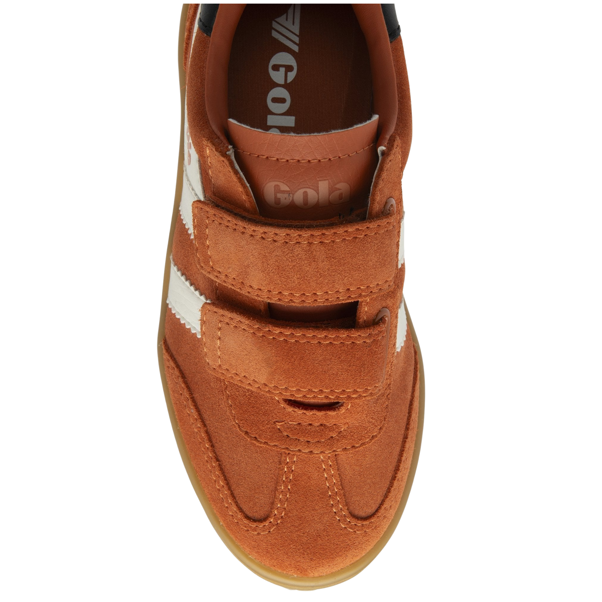 Orange gola children's viper sneaker with white stripes and brown sole on a white background