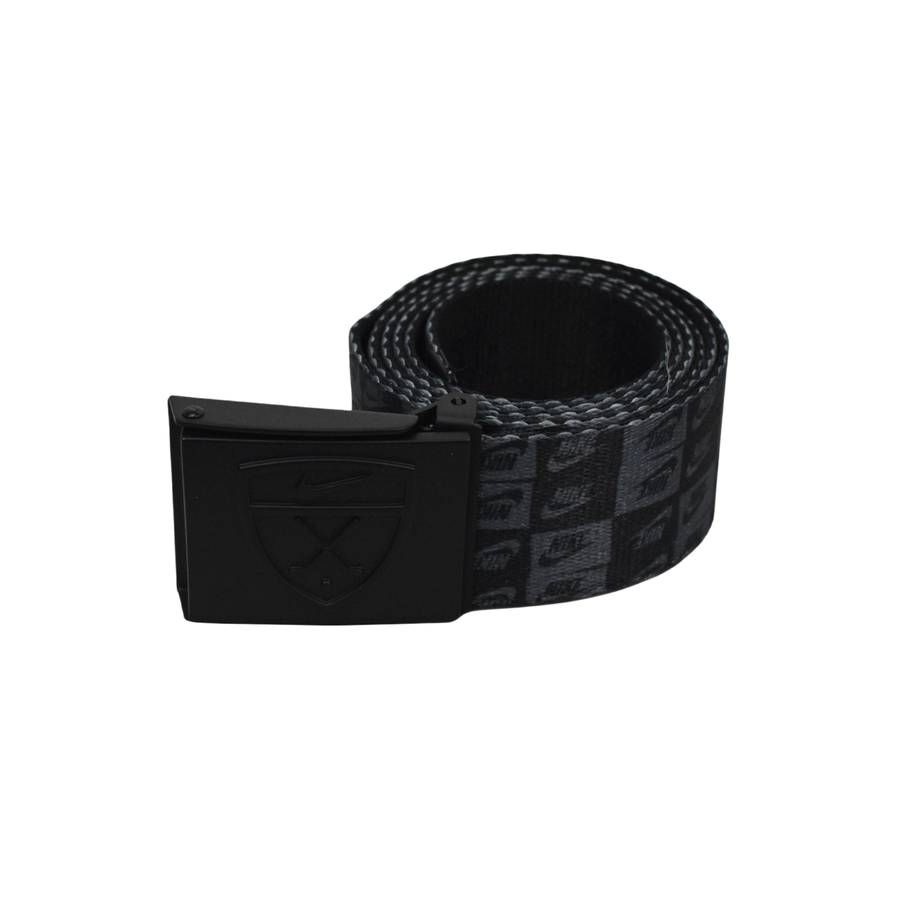 Black nike belt with a patterned strap on a white background