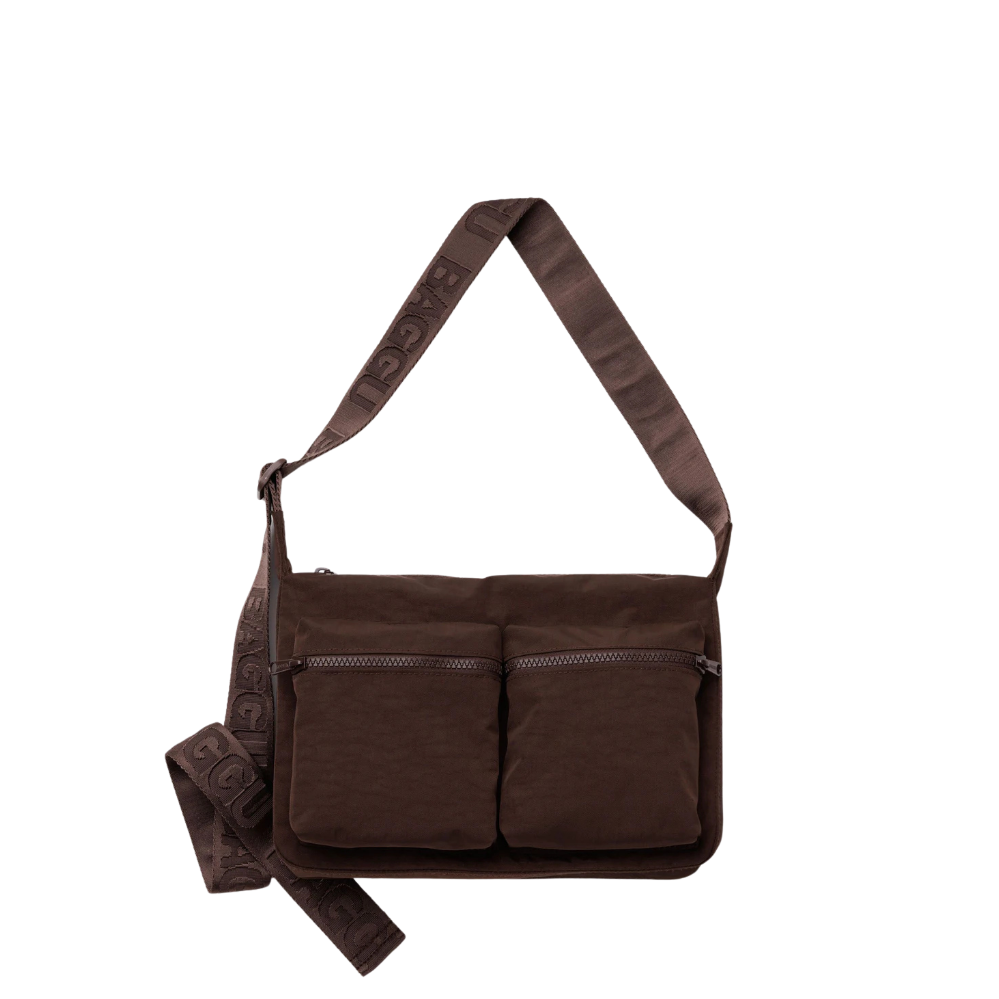 A dark brown baggu cargo crossbody bag with dual front zippered pockets and a wide, patterned shoulder strap, shown against a plain white background.