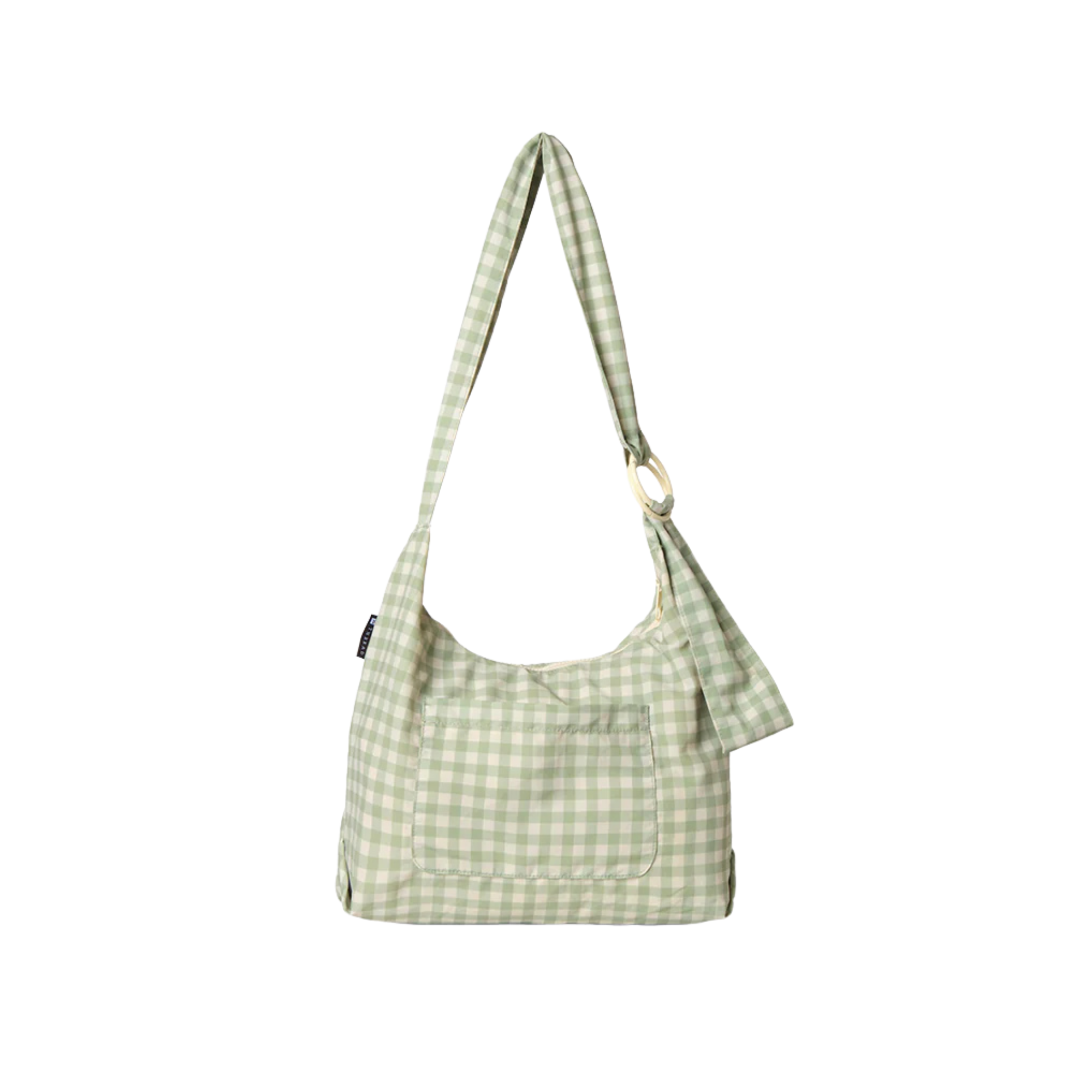 green and off white thread slouchy shoulder bag on a white background