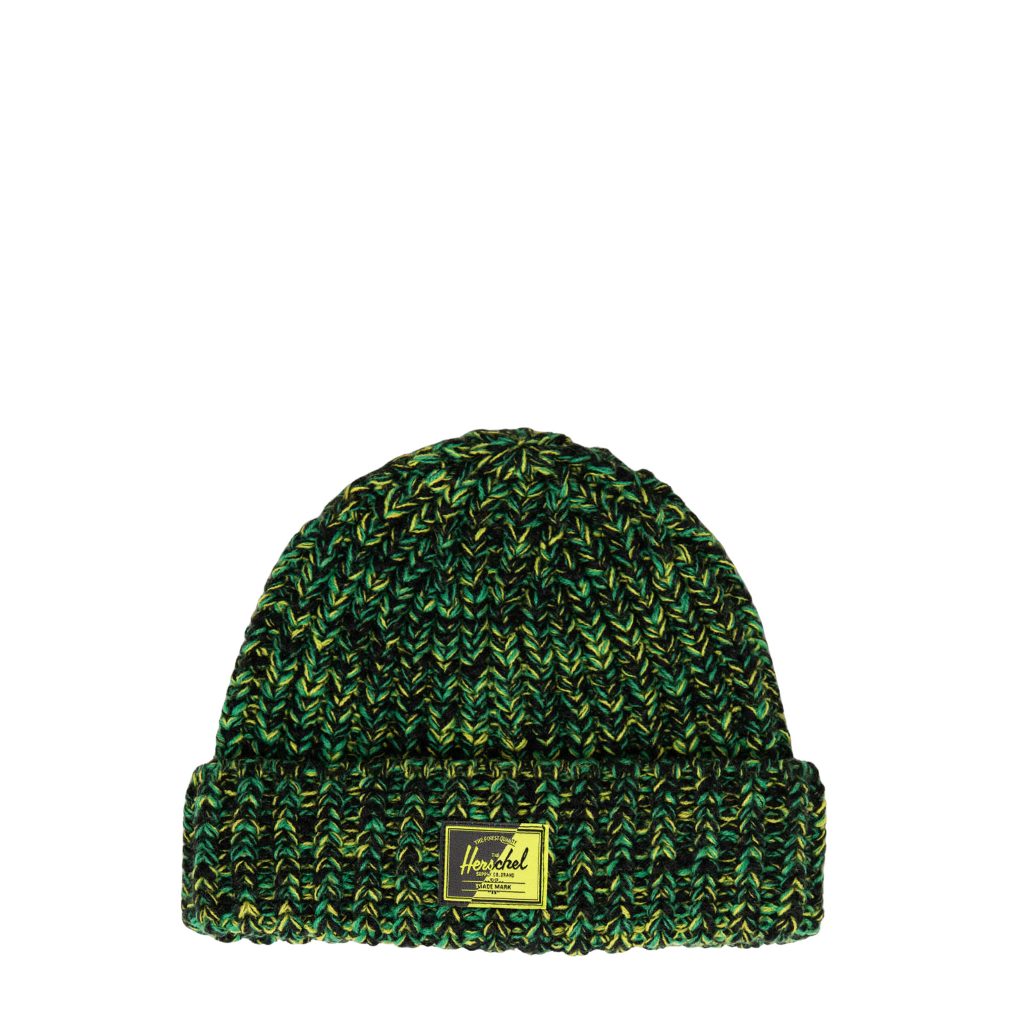 green yellow and black herschel elmer chunky knit beanie on a white background