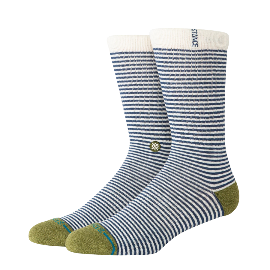 navy and cream striped stance butterblend crew socks with olive heel and toe