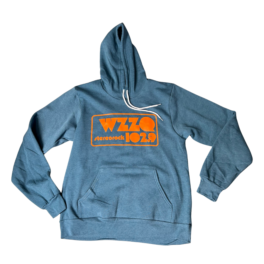 classic teal wzzq stereorock 102.9 jackson mississippi radio station hooded sweatshirt with orange writing
