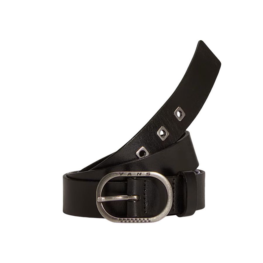 Black leather vans belt with silver buckle on a white background