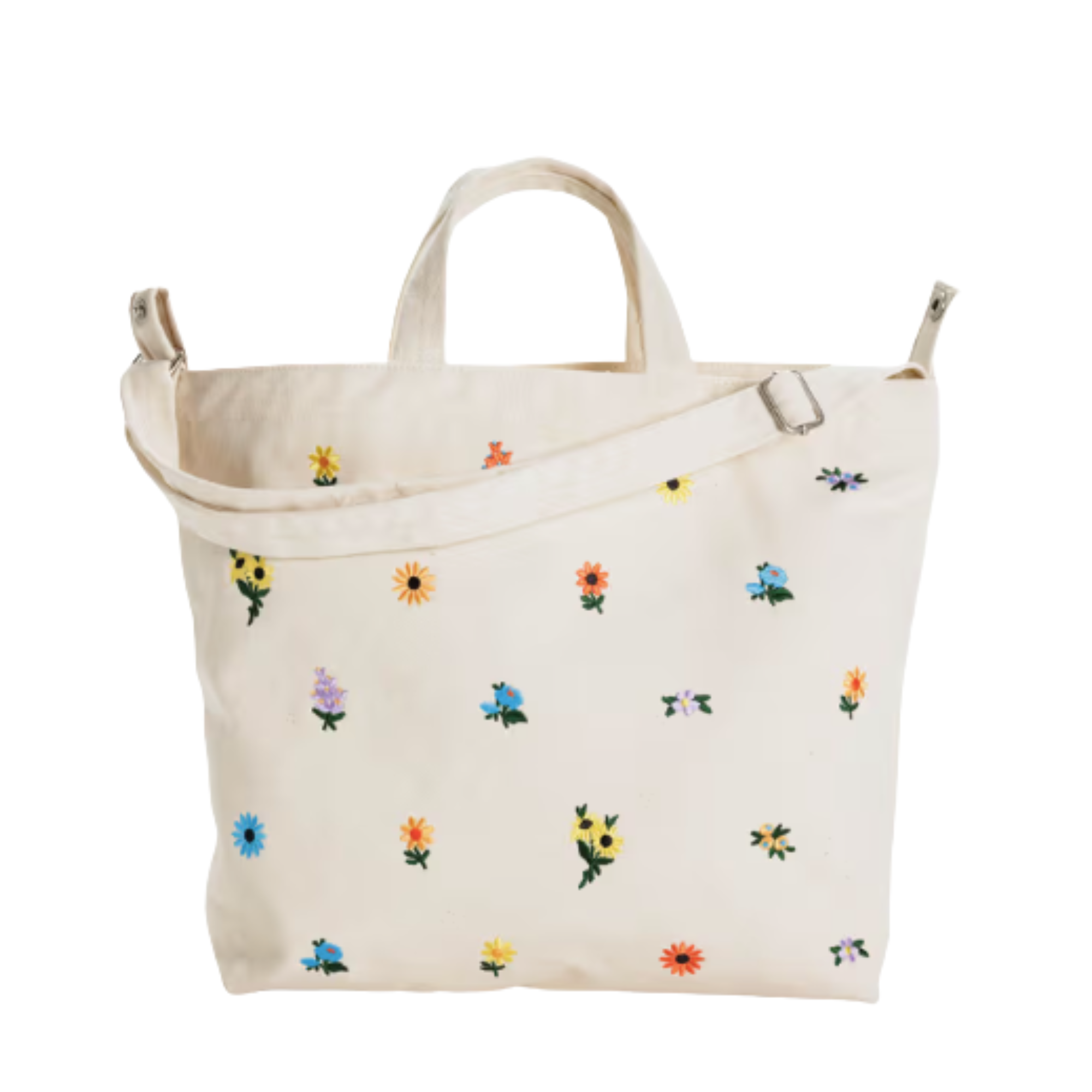 Beige baggu horizontal zip duck tote bag with floral embroidery on a white background