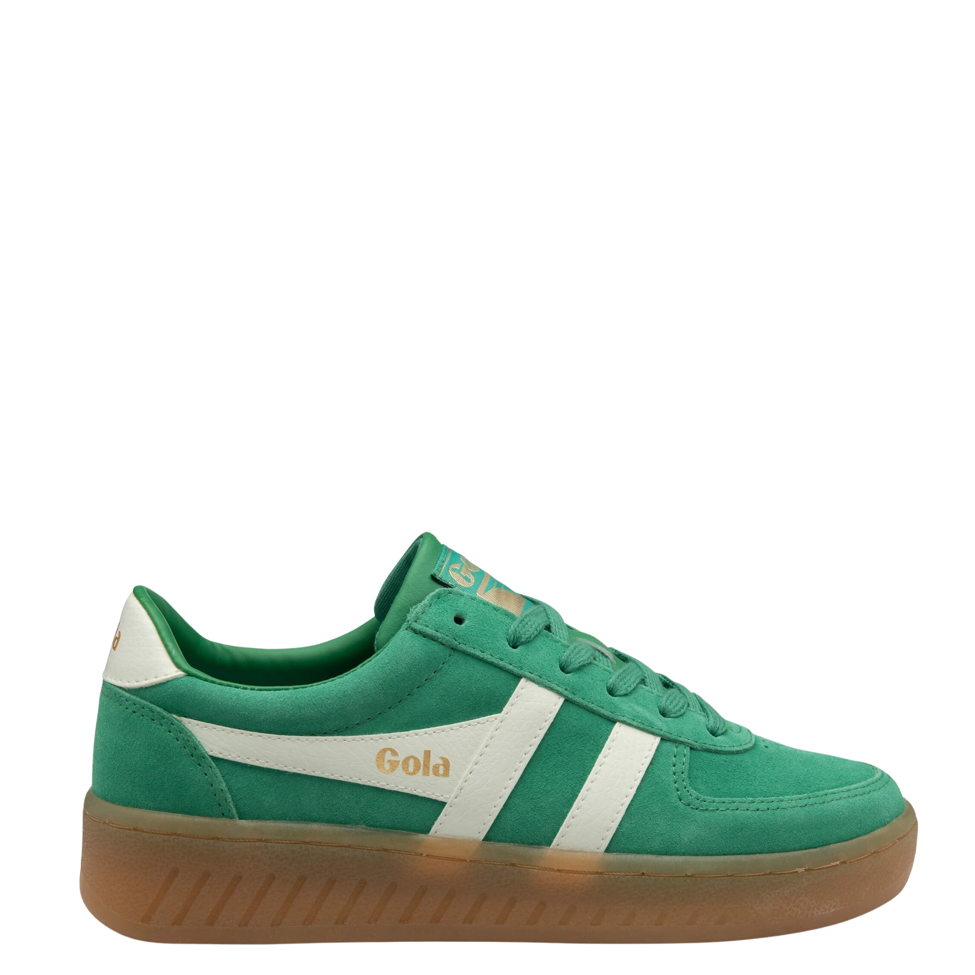 Green gola grandslam suede sneaker with white stripes and brown sole on a white background