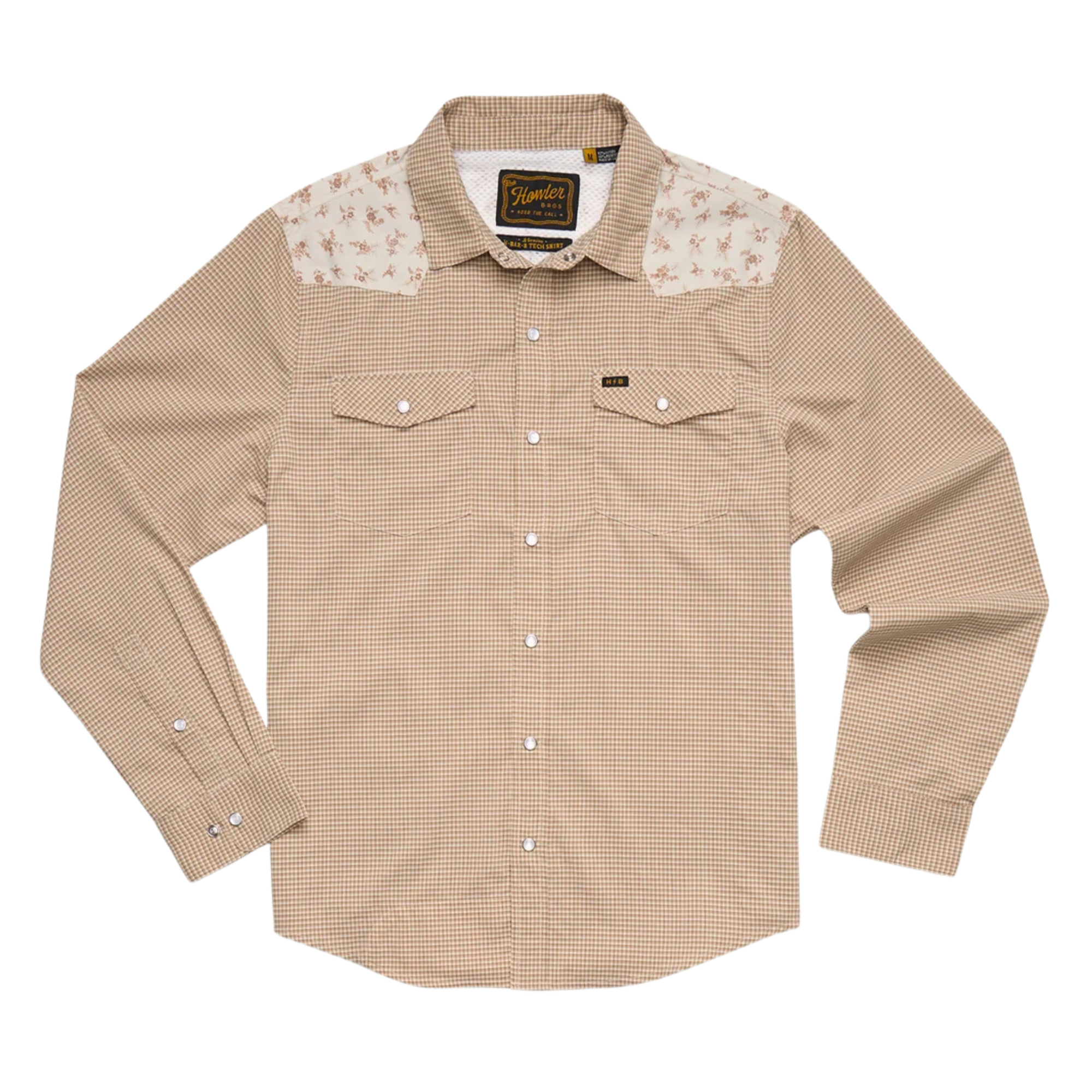 A beige and brown checkered long-sleeve howler h bar tech western shirt with beige floral patterned yoke panels on the shoulders, featuring two buttoned chest pockets and a button-down front.