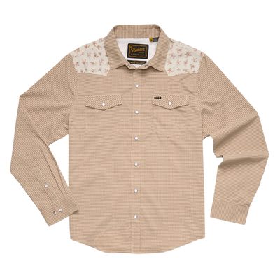 A beige and brown checkered long-sleeve howler h bar tech western shirt with beige floral patterned yoke panels on the shoulders, featuring two buttoned chest pockets and a button-down front.