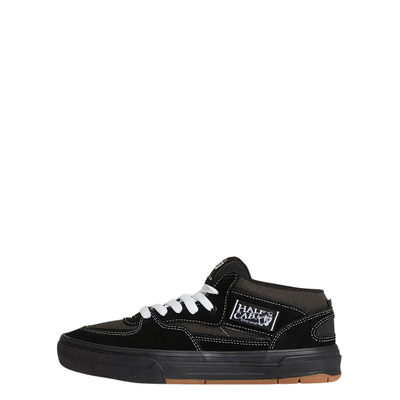 Black  vans united by skateboarding half cab mid-top sneaker with white laces on a white background