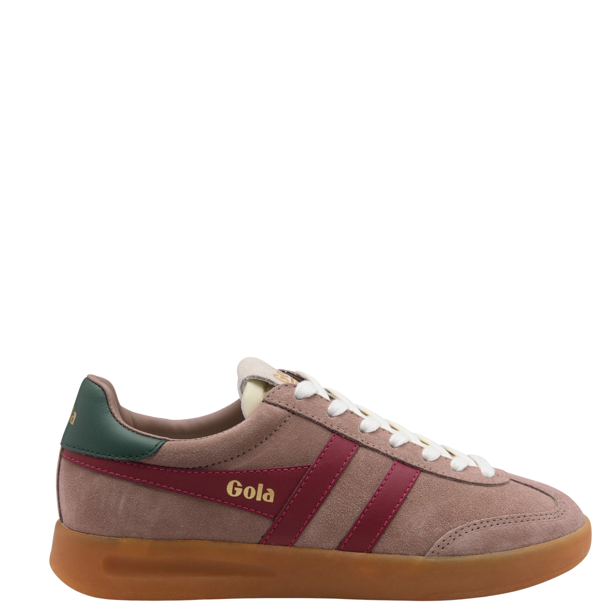 pink gola women's cyclon sneaker with blush pink suede upper, dark pink leather stripes and green leather detail in the back on a white background