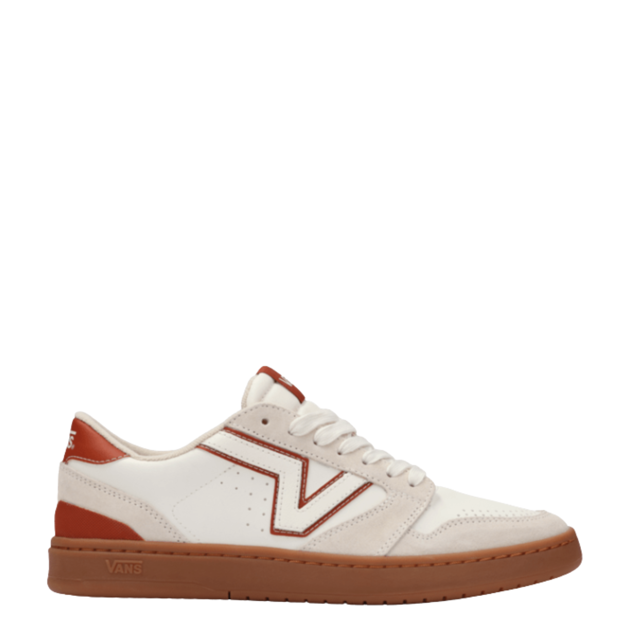 White vans lowland 2.0 sneaker with brown accents on a white background