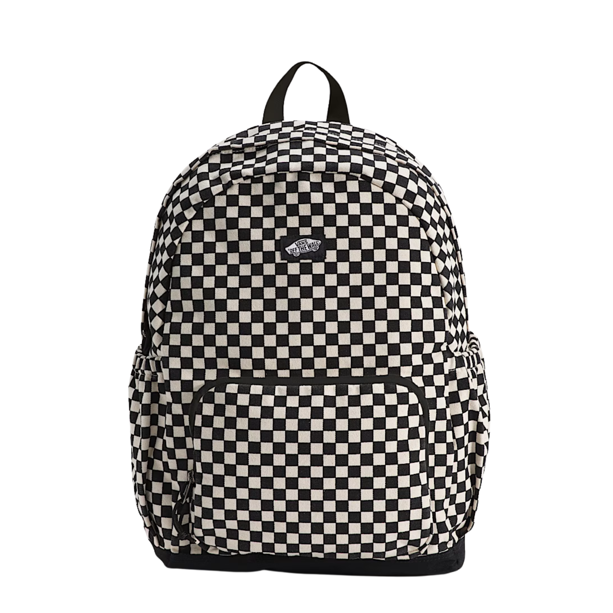 Black and white vans checkered new skool backpack on a white background