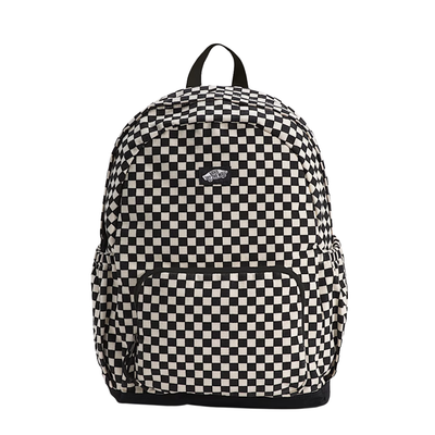 Black and white vans checkered new skool backpack on a white background