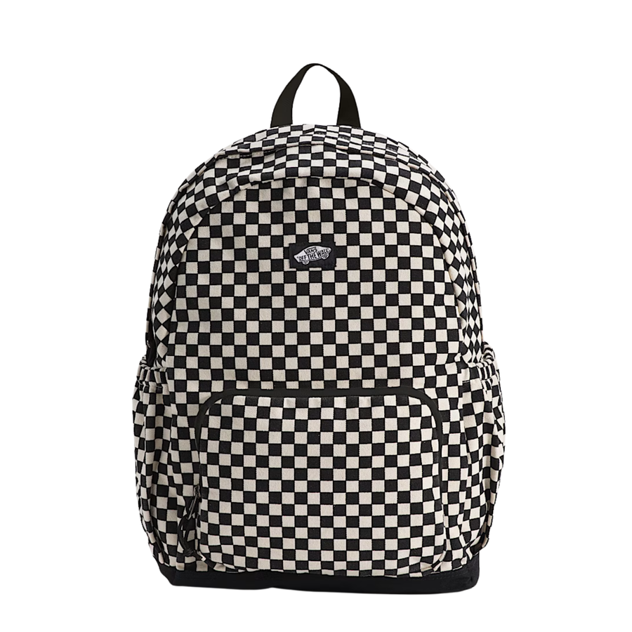 Black and white vans checkered new skool backpack on a white background
