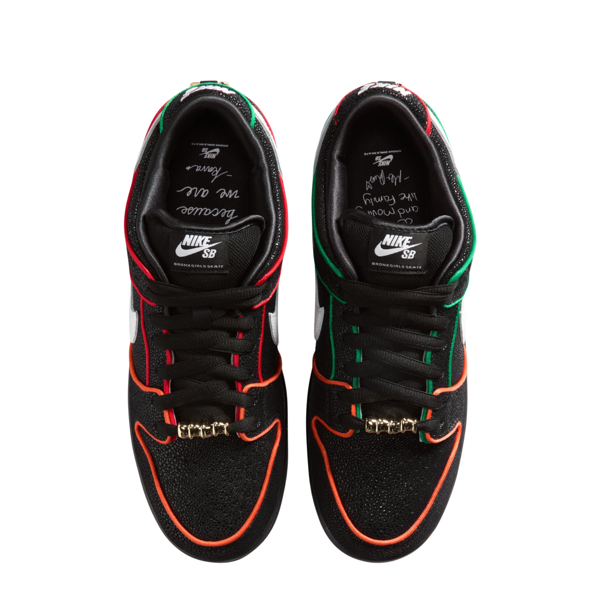 Black NIKE SB dunk low bronx girls skate sneaker with colorful accents on a white background